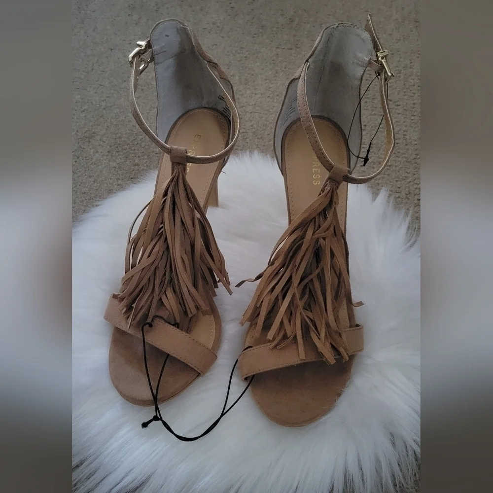 Express Fringe Strappy Heeled Suede Sandals
